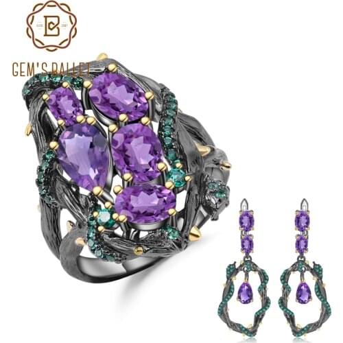 GEMS BALLET 925 Sterling Silver Handmade Ring Earrings Sets 7.58Ct Natural Amethyst Gemstone Vintage Jewelry Set For Women