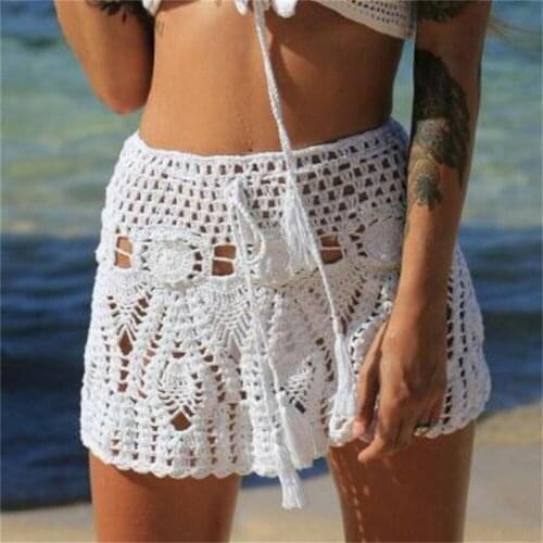 New Hot Sale Sexy Womens Knit Beach Skirts Cover-Ups Solid Color Beach Short Bohemia Skirt Knitted Hollow Out Bikini Cover Up
