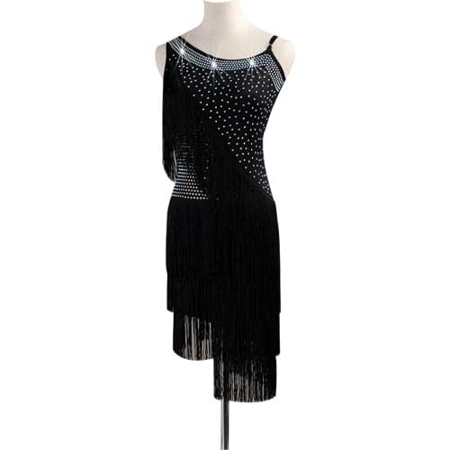 New Black Latin Dance Dresses Womens Training / Performance Spandex / Tassel / Crystals / Rhinestones Sleeveless High Dress