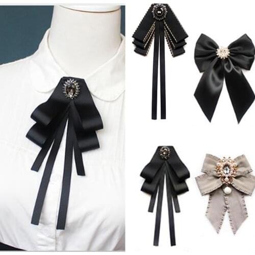 New Female Unisex Bow Tie Brooches for Women Pearl Crystal Pendant Collar Pin Shirt Clothes Necktie Bowknot Suit Accessories