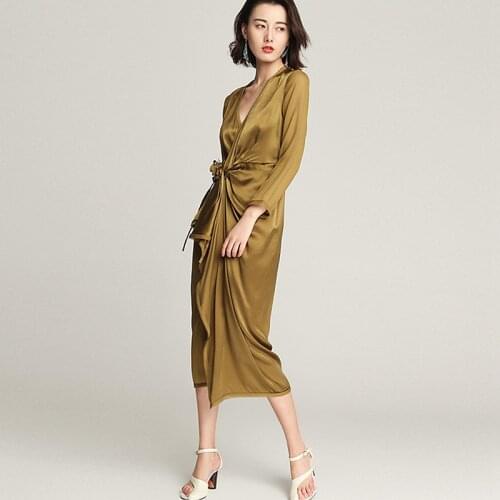 100% Silk Dress Elegant Design Deep V Neck Wrist Sleeves Asymmetric Beading Decoration Straight Soild Dresses New Fashion