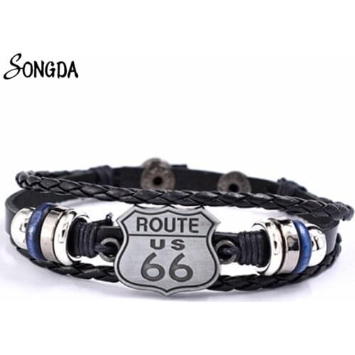 Old-fashion US Route 66 Braided Wrap Leather Bracelet Classic Logo Black Hand-woven Bracelet & Bangles for Men Women Wristbands