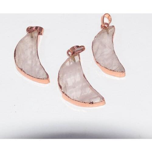 Natural Slice Rose Crystal Quartz moon pendant female 2019 Rose Gold Slab Pink crystal quartz love horn necklace pendant women