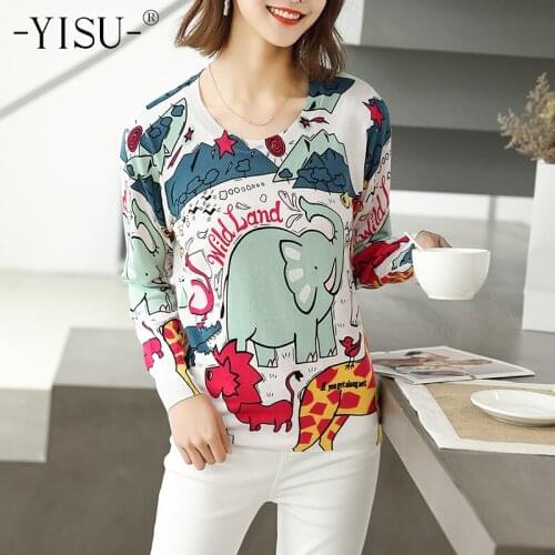 YISU Thin sweater Autumn Winter Jumper Cartoon elephant pattern Printed sweater O-Neck Long sleeve Pullovers Womens Sweaters