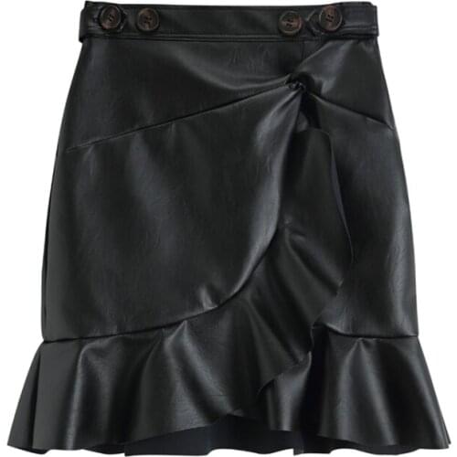 VSUE PU Leather High Street Solid Pencil Mini Empire Zipper Short Skirt Black Ruffle S0236