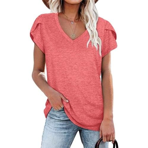 Women Fashion V Collar T-shirt Summer Casual Pure Color Short Sleeve Top Pullover Loose Blouses