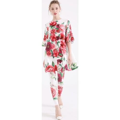 2018 New Designer Runway Suit sets Womens Half Sleeve Long Top+Full Length Pants Vintage Floral Print 2 Piece Set