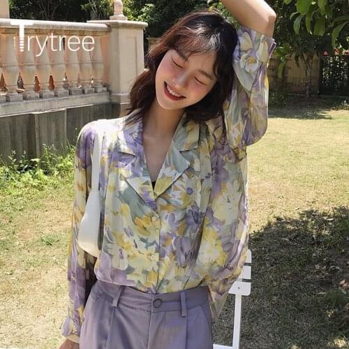 Trytree 2020 Spring Women Two piece set Casual Turn-down Collar Print Blouse Top + Pants Solid Purple Fashion 2 Piece Set