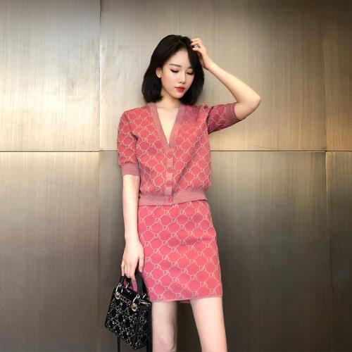 2021 Summer V-neck Short Sleeve Knitted Cardigan Single Breasted Jacket + Mini Skirt Feme Suits Two Piece Clothing Set For Women