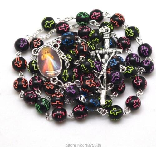 Jesus Mercy Rosary Center Medal 8 mm Acrylic Bead Rosary Necklace