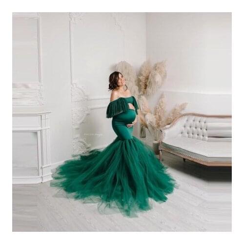Chic 2021 Green Mermaid Pregnancy Dresses Cap Sleeves Ruffles Stretchy Tulle With Train Ruffles Long Maternity Gown