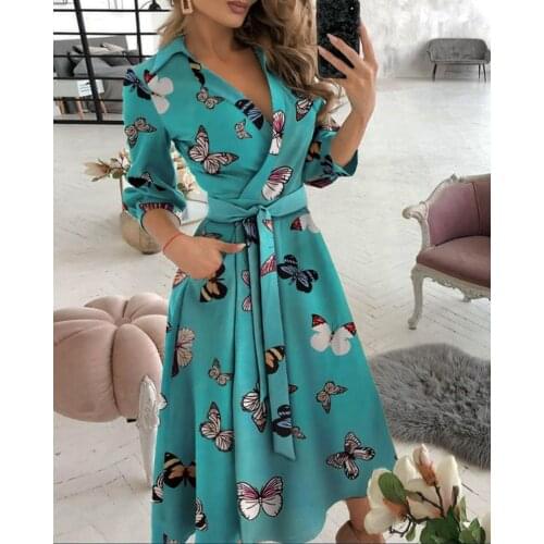 Ladies Ruffles Midi Dress Fashion Elegant Dresses 2021 Women Letter Print Belt Tunic Turn-down Collar Prom Shirt Dress Vestidos