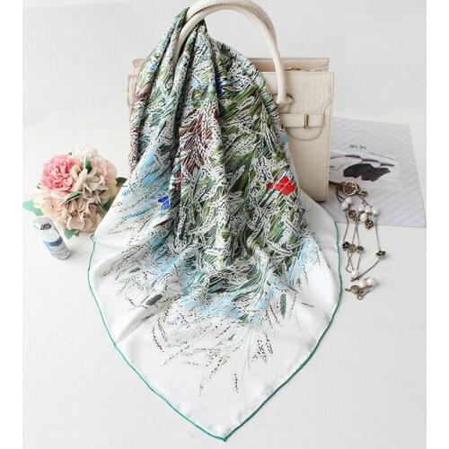 100% Silk Scarf Twill Kerchief Women Vintage Flower Printed Shawl Hijab Wraps Head Neck Bandana Square Headscarf 35"*35"
