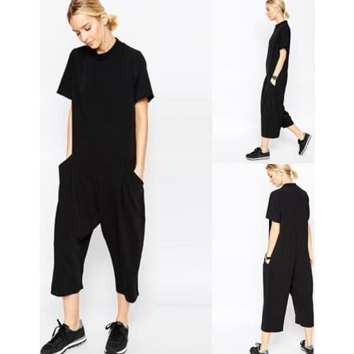 2021 Summer Black Rompers Women Jumpsuit Elegant Side Pocket Loose-fitting Combinaison Femme Romper Overalls Jumpsuit for Women