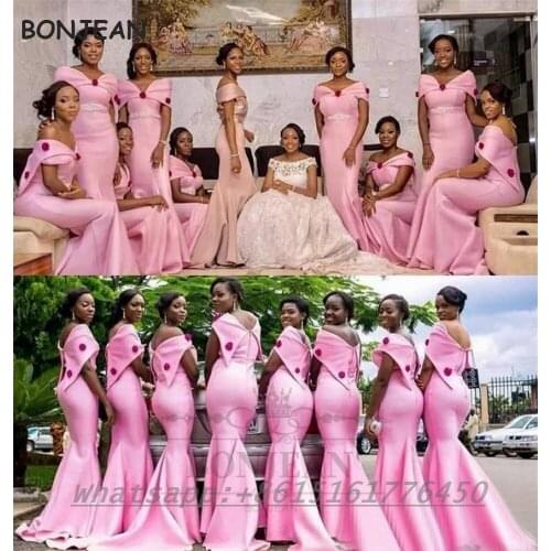 2021 Pink Bridesmaid Dresses Mermaid Off-The-Shoulder Elastic Satin Floor Length South African Bridesmaid Dress Party Dress