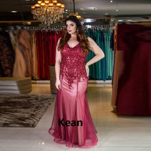 Plus Size Burgundy Evening Dress Applique Illusion robe soiree Islamic Dubai Kaftan Saudi Arabic Evening Gown Prom Dress