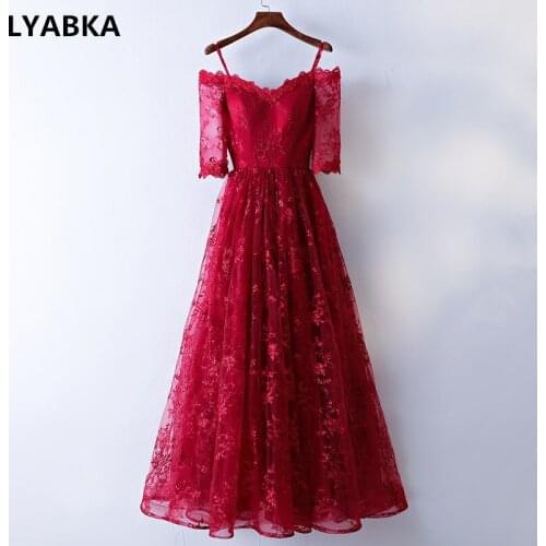 Burgundy Evening Dress A-line Robe De Soiree Appliques Prom Dress Half Sleeve Evening Dresses Long Dress 2019 Vestido De Festa