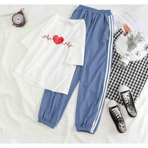 Pant Suits Trouser Suit Striped Pants Women Outfit Set Kpop Korean Red Heart T Shirt Summer Pant Set Lady Sportswear Two Piece