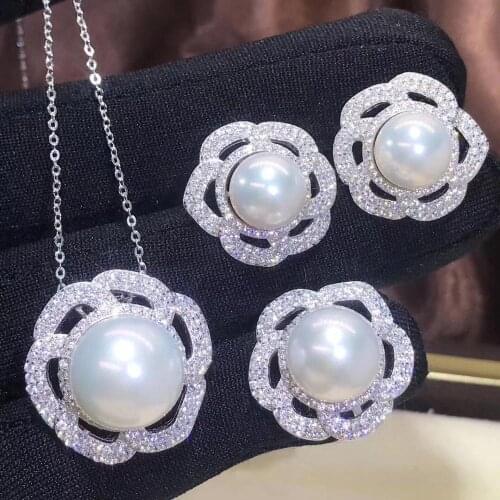 D430 Pearl Set Fine Jewelry 925 Sterling Silver Round 9-14mm Natural Fresh Water White Pearls Jewelry Sets for Women Presents