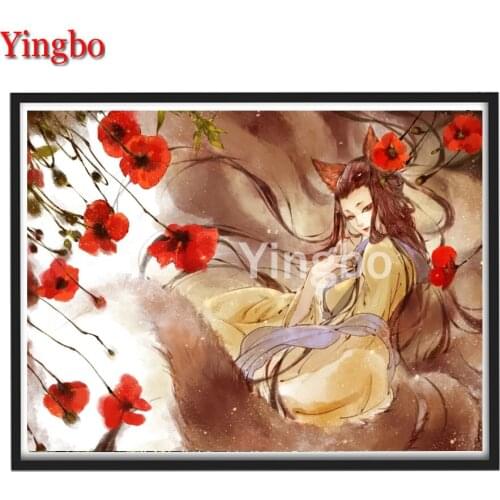 Anime Nine Tailed Fox Fairy Poppy Diamond Painting Cross Stitch Mosaic 5D DIY Full Square Diamond Embroidery Beads Hobby Gift