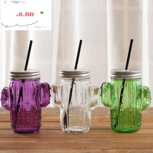 Creative 3D Cactus Glass Mason Jar Mug with Lid and Straw Cold Drink Smoothie Cup Water Glass Cup