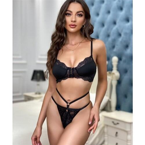 Lace Sensual Lingerie Set Bra and Brief Sets Women 2 Pieces Set Solid Strappy Thongs Sexy Lace Erotic Female Underwear LNE467