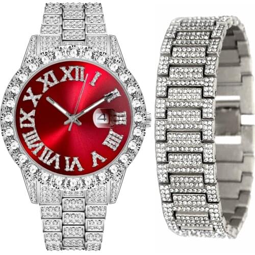 Iced Out Watch Chain Bracelet for Men Iced Out Watch Set for Mens Hip Hop Jewelry Gold Diamond Luxury Mens Watch fashion Relojes