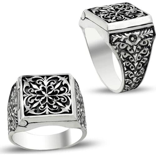Mens Handmade Silver Lockets Square Ring Vintage Men Ring Ottoman Style Ring Men Gift Made in Turkey Solid 925 Sterling Silver