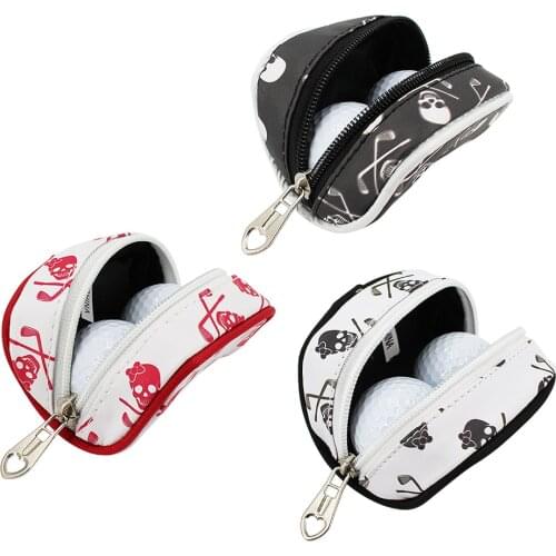 Mini Golf Ball Bag Tees Holder Skull Design PU Leather Golf Waist Pouch Storage Bag Container Zipper Closure Carabiner