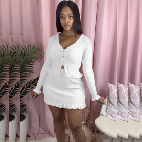 Autumn Winter Knitted Rib Two Piece Skirt Set for Women Button-up V-neck Crop Top and Mini Skirts Bodycon 2 Piece Set Outfits