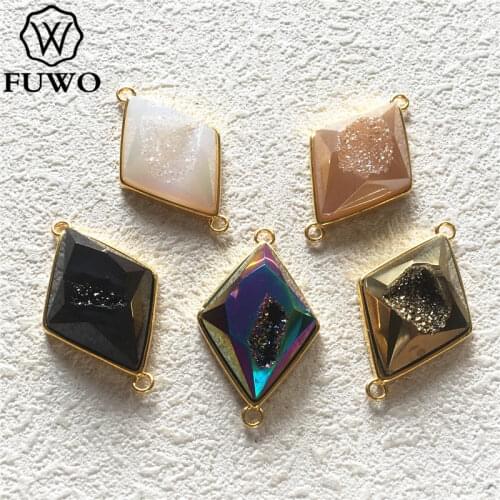 FUWO Fashion Aura Rainbow Rhombus Quartz Pendant Faceted Druzy Connector With Gold Bezel Trimmed For Jewelry Making PD246