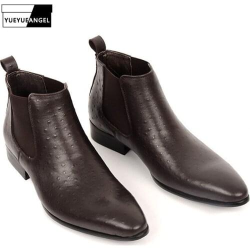 Luxury Cow Real Leather Mens Formal Dress Shoes Office Work Business Man Pointed Toe Slip On Chelsea Boots Leather Wedding Shoes
