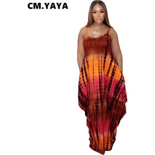 CM.YAYA Women Long Dress Gradient Color Spaghetti Strap Pockets Loose Maxi Dresses Sexy Night Club Party Vestidos Summer Outfits