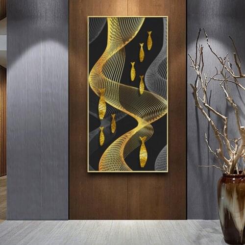 Modern Abstract Golden Fish and Lines Posters and Prints Wall Art Canvas Painting Room Wall Art Picture Home Decoration No Frame