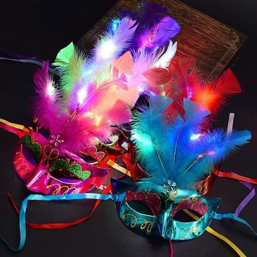 Venetian LED Feather Mask on Stick Mardi Gras Costume Eyemask Halloween Carnival Hand Held Stick Feathers Party Mask