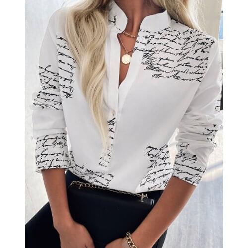 Spring Summer Workwear Elegant Letter Print Button Design White Womens Casual Shirt Plus Size Clothes Loungwear Oversized Tops