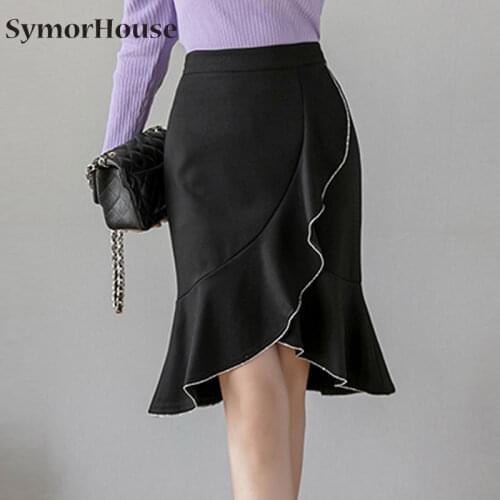 Women Black Ruffles Mermaid Skirts High Waist Slim Female Package Hip Jupes Office Elegant Fashion Plus Size Midi Pencil Skirts