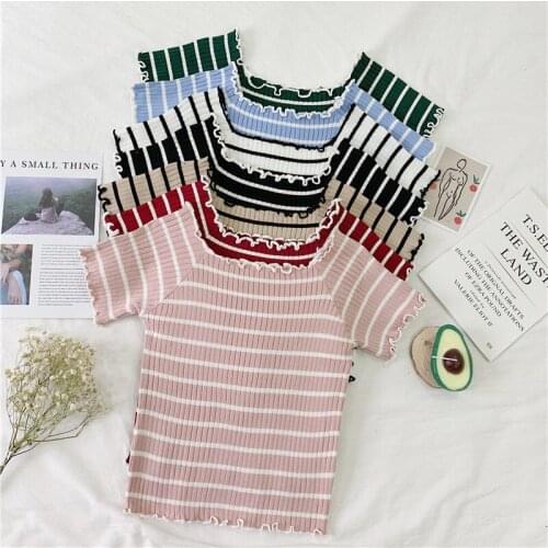 Slash Neck Striped T-shirts Women Girl Knitted Short Sleeve Ruffles Summer T-shirt Tops Off Shoulder Flounce Hem Tees