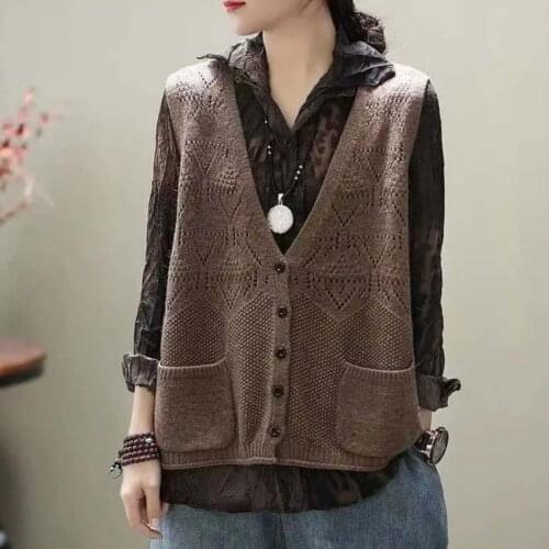 Women Sweater Vest Spring and Autumn Womens Knitted V-neck Cardigan Hollow out Double Pocket Loose Casual Vest Vest