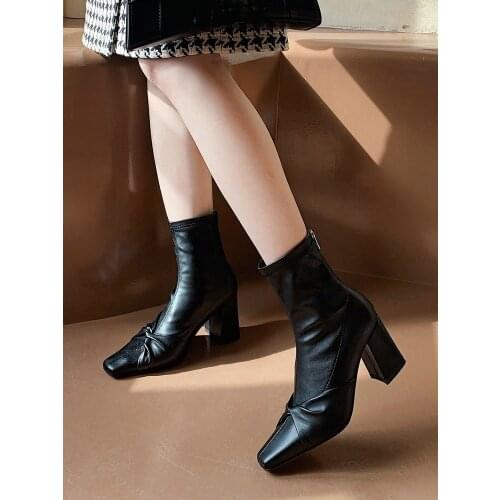 EshtonShero Women Ankle Boots Shoes Woman Square High Heel Suede Winter Flock Casual Platform Ladies Socks And Boots Size 3-8