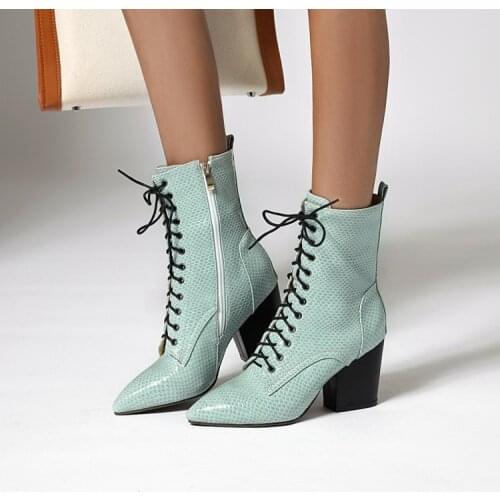 2020 New Women Boots Pointed Toe Lace Up Autumn Winter Boots Vintage High Heels Ladies Office Shoes Western Ankle Boots MAZIAO
