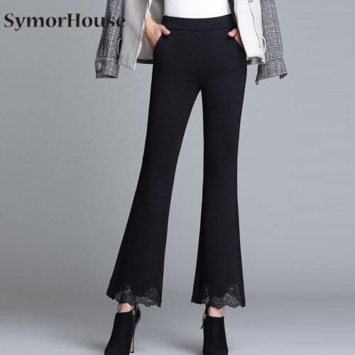 Women Pants Plus Size 4XL Lace Stitching Black Wide Leg Leggings Trousers Casual Lace Flare Trousers Ankle-length Pants Female