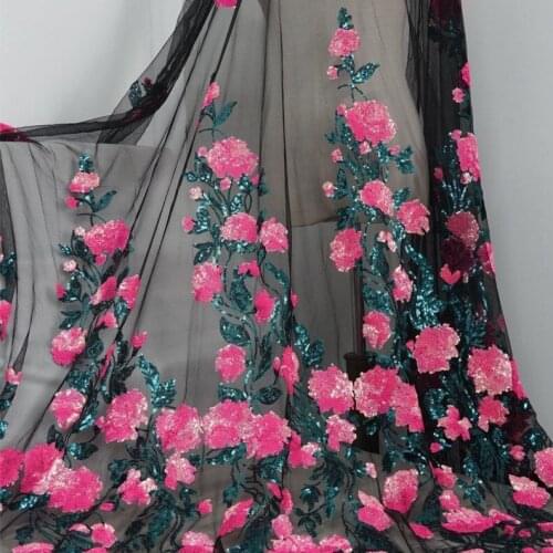 1 yard Pink Sequin Floral Applique Tulle fabric Chic motifs lace fabric for skirts, wedding gowns