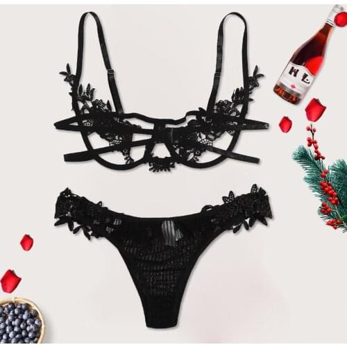 Erotic Lingerie Sets Bra Black Low Chest Flowers Embroidery Sexy Sleeveless+Thong Hollowed Out Pajamas for Women Bielizna Damska