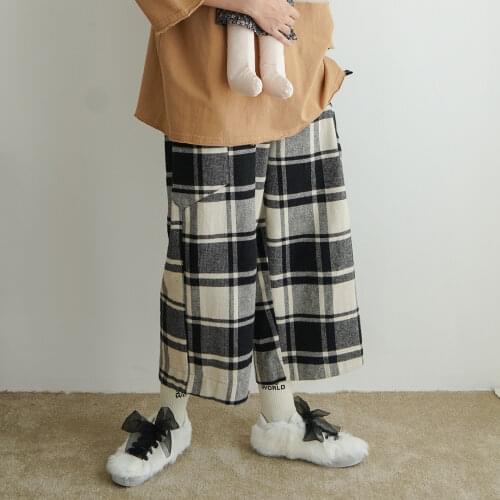 Imakokoni black and white plaid straight leg pants original design wild loose nine points casual pants female autumn 182394