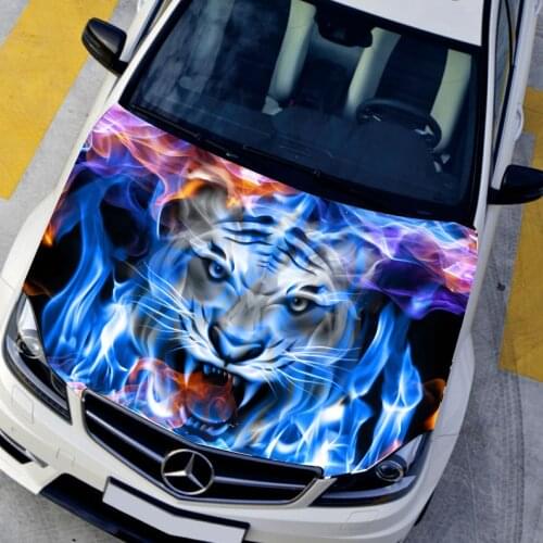 DIY Car styling HD inkjet Blue Flame Angry Tigers Hood stickers car Waterproof film Animal stickers 135*150cm Change color film