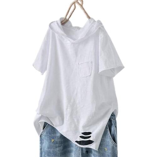 Women T-Shirts Casual Solid Color Short Sleeve Ripped Giraffe Print Loose T-shirt Hoodie vetement femme 2021 футболка оверсайз