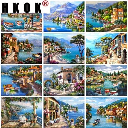 HKOK Diamond Painting Town Cross Stitch Mosaic 5D Diamond Embroidery Seaside Landscape Full Square Rhinestones Home Decor