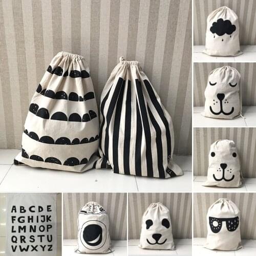 Striped Animal Pattern Cotton Laundry Bag Large Drawstring Bundle Dirty Clothes Debris Standing Bucket Organizer Pouch 46*42cm