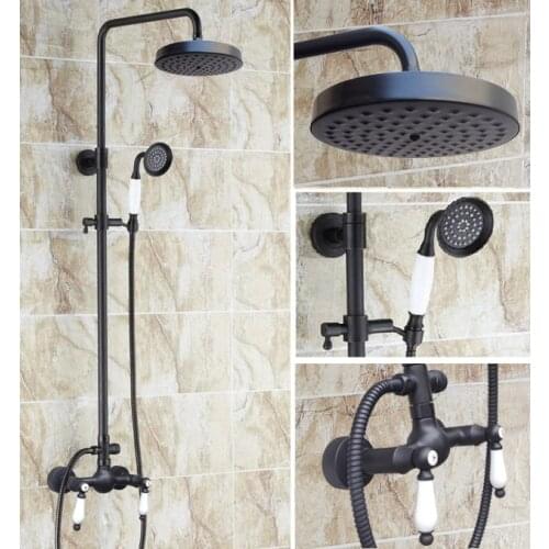 Brass Black Oil Rubbed Bronze Bathroom Rainfall Bath Shower Mixer Tap Faucet Dual Ceramic Handles Wall Mounted ars475